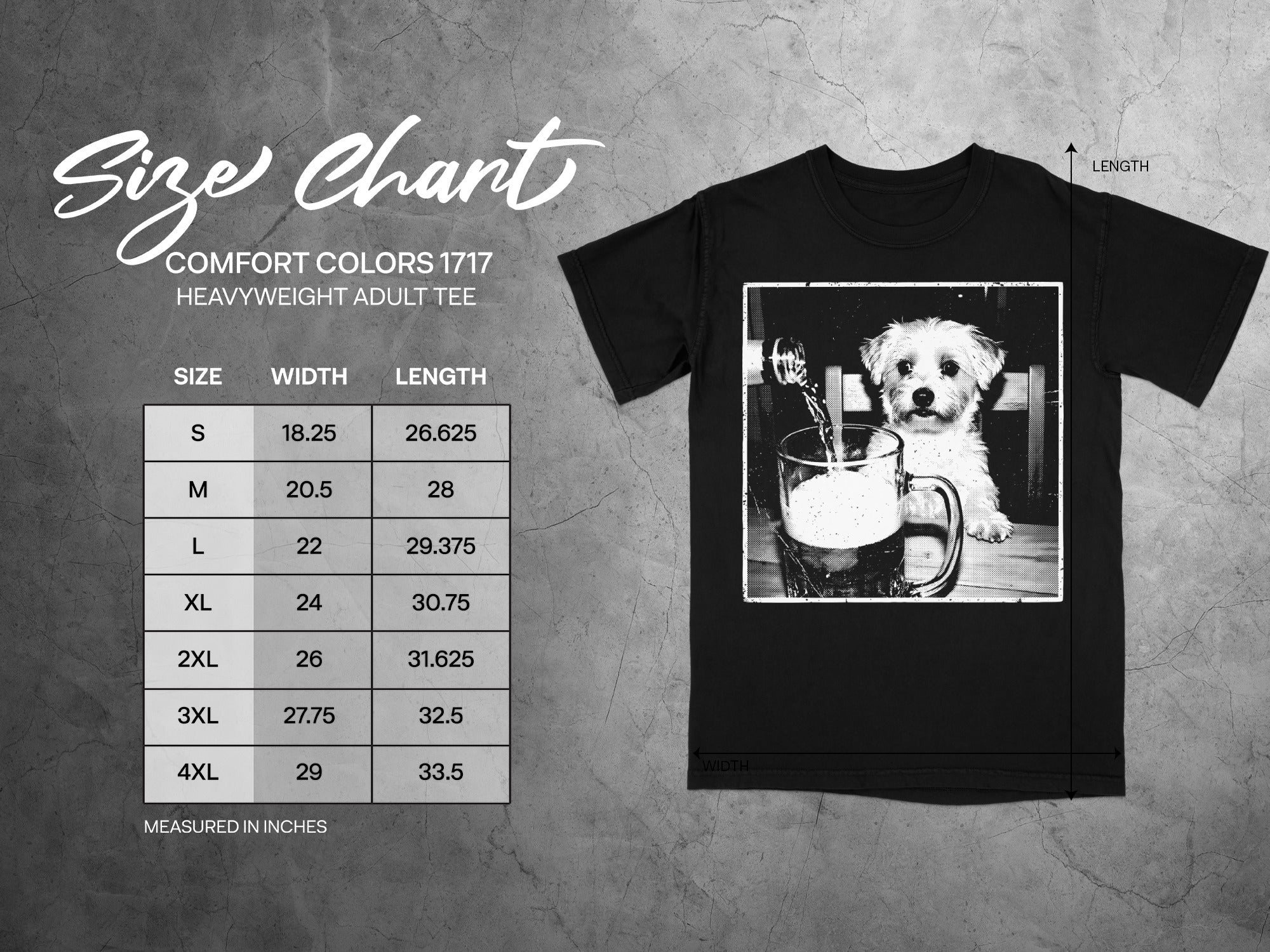 Comfort Colors 1717 garment size chart in inches.