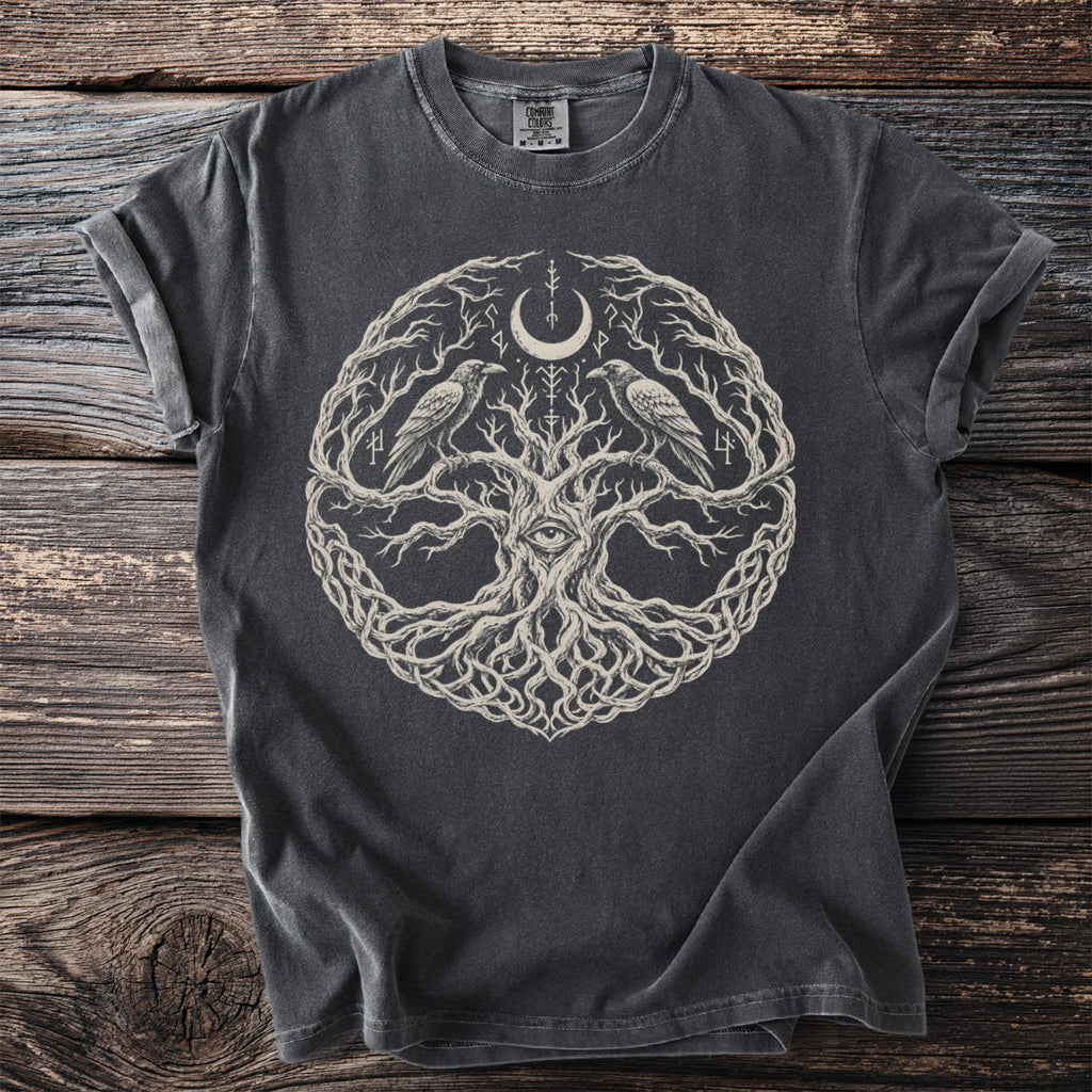 Dark grey t-shirt with a circular tree design featuring ravens and runes.