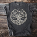 Dark grey t-shirt with a circular tree design featuring ravens and runes.