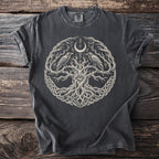 Dark grey t-shirt with a circular tree design featuring ravens and runes.