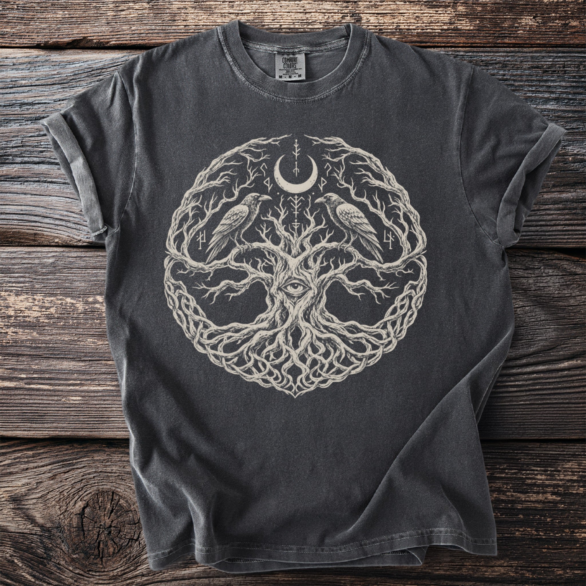 Dark grey t-shirt with a circular tree design featuring ravens and runes.