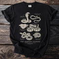 Black t-shirt featuring detailed illustrations of five snakes and their scientific names.