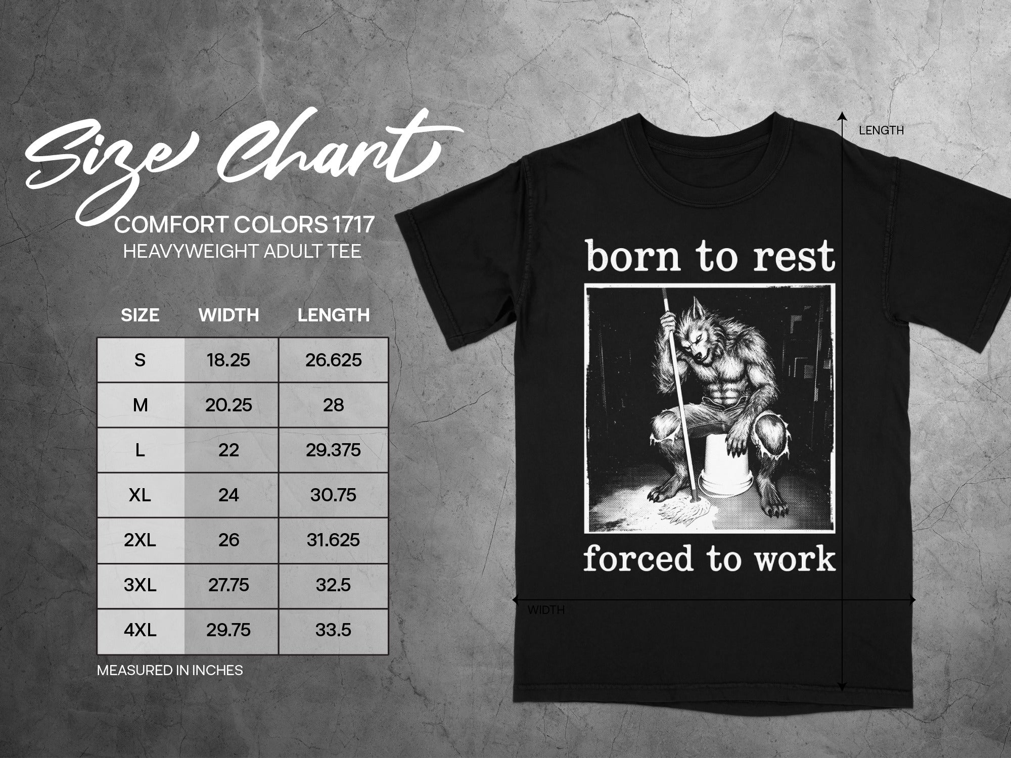 Black t-shirt with werewolf mopping graphic and text "born to rest forced to work".