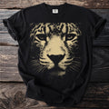 Black t-shirt with a close-up halftone print of a leopard's face.