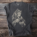 Werewolf with a bird perched on its finger, cream graphic on dark gray t-shirt.