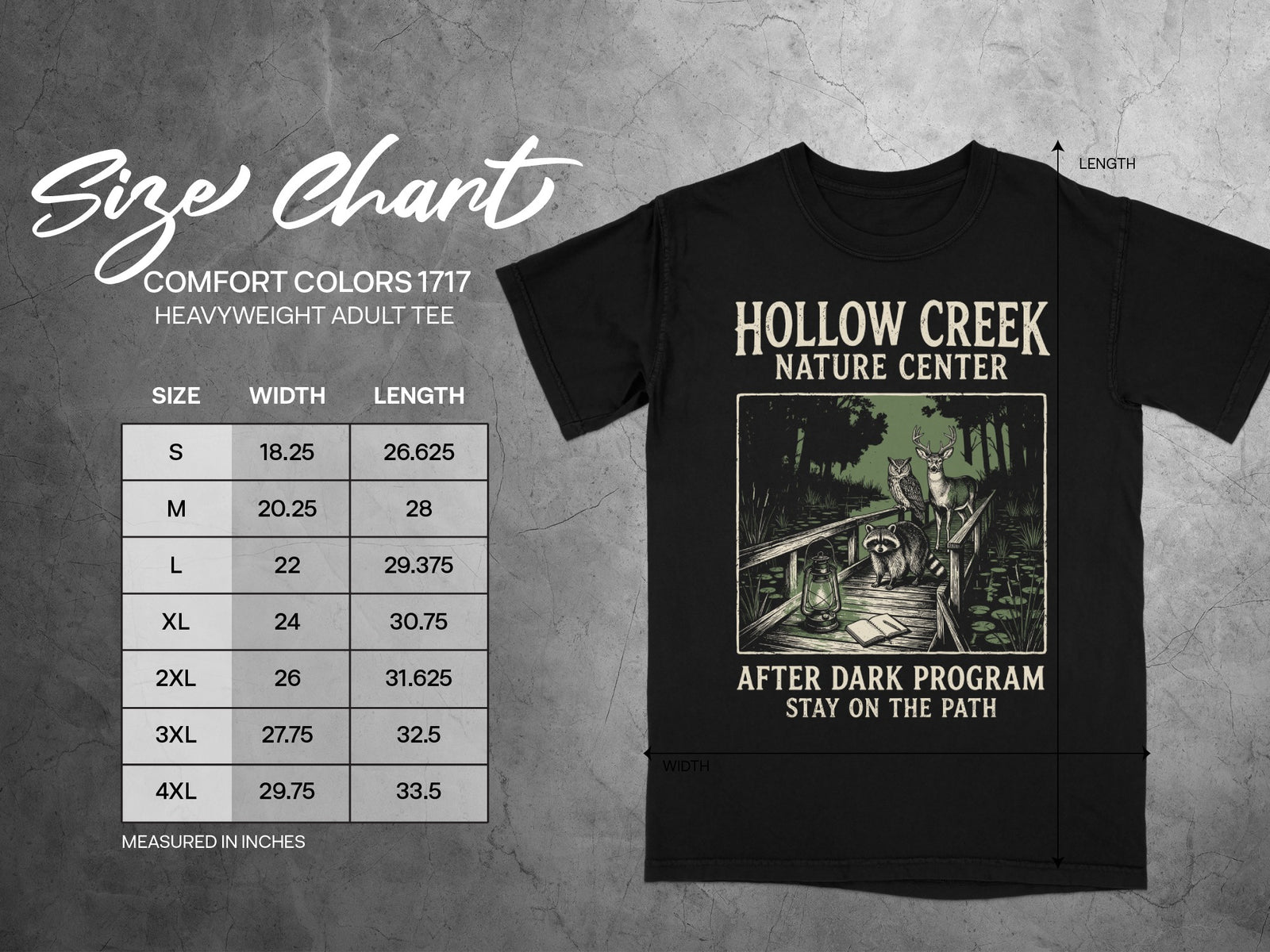Black t-shirt with "Hollow Creek Nature Center" graphic, size chart, and measurements.
