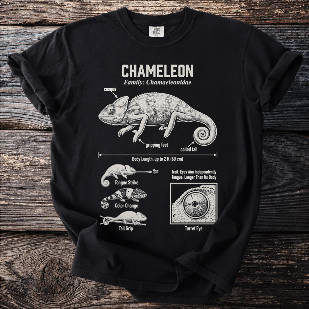 Black t-shirt with scientific illustration of a chameleon and its traits.