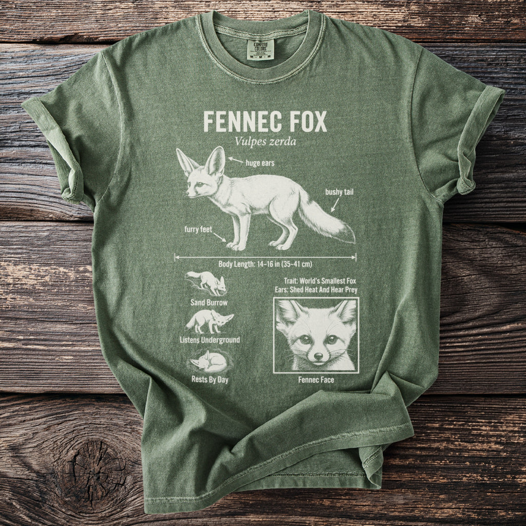 Green t-shirt with Fennec Fox illustration and educational details.