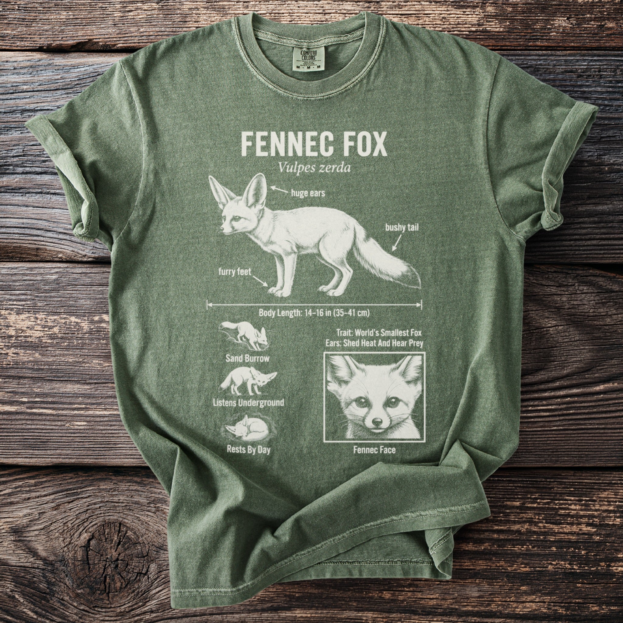 Green t-shirt with Fennec Fox illustration and educational details.
