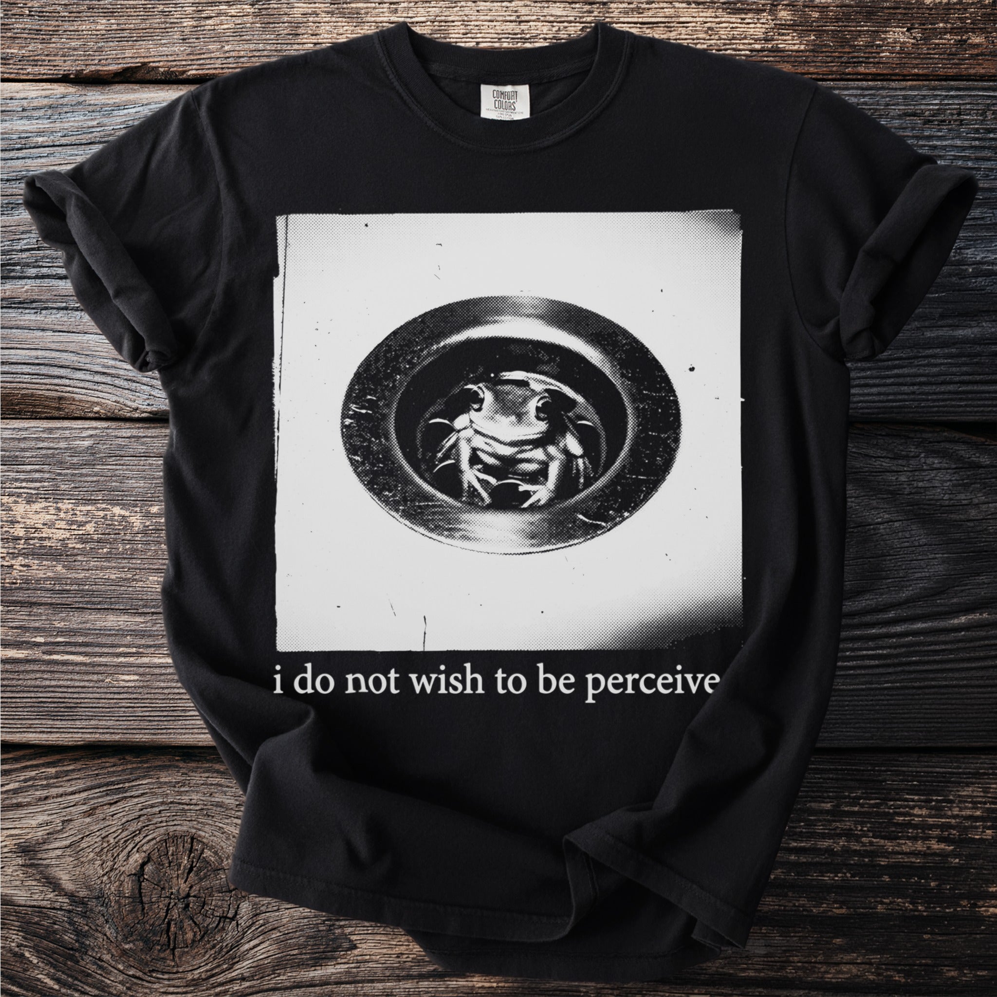Black t-shirt with a frog in a drain graphic and text "i do not wish to be perceive".