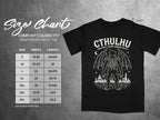 Size chart for Comfort Colors 1717 heavyweight adult tee with Cthulhu graphic.
