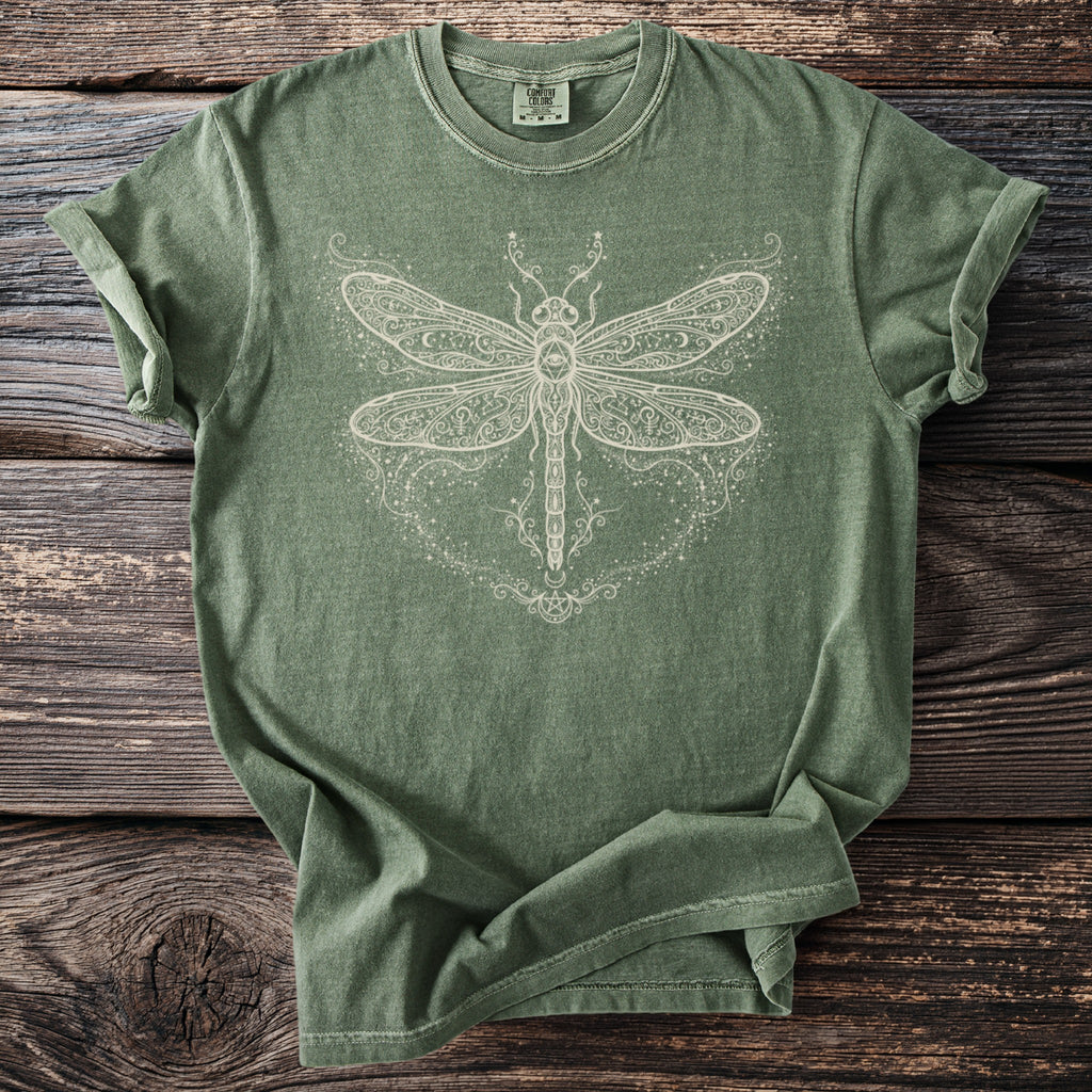 Sage green t-shirt with ornate white dragonfly graphic and 'Comfort Colors' label.