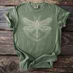 Sage green t-shirt with ornate white dragonfly graphic and 'Comfort Colors' label.