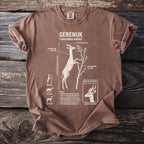 Brown t-shirt with Gerenuk antelope illustration and biological details.