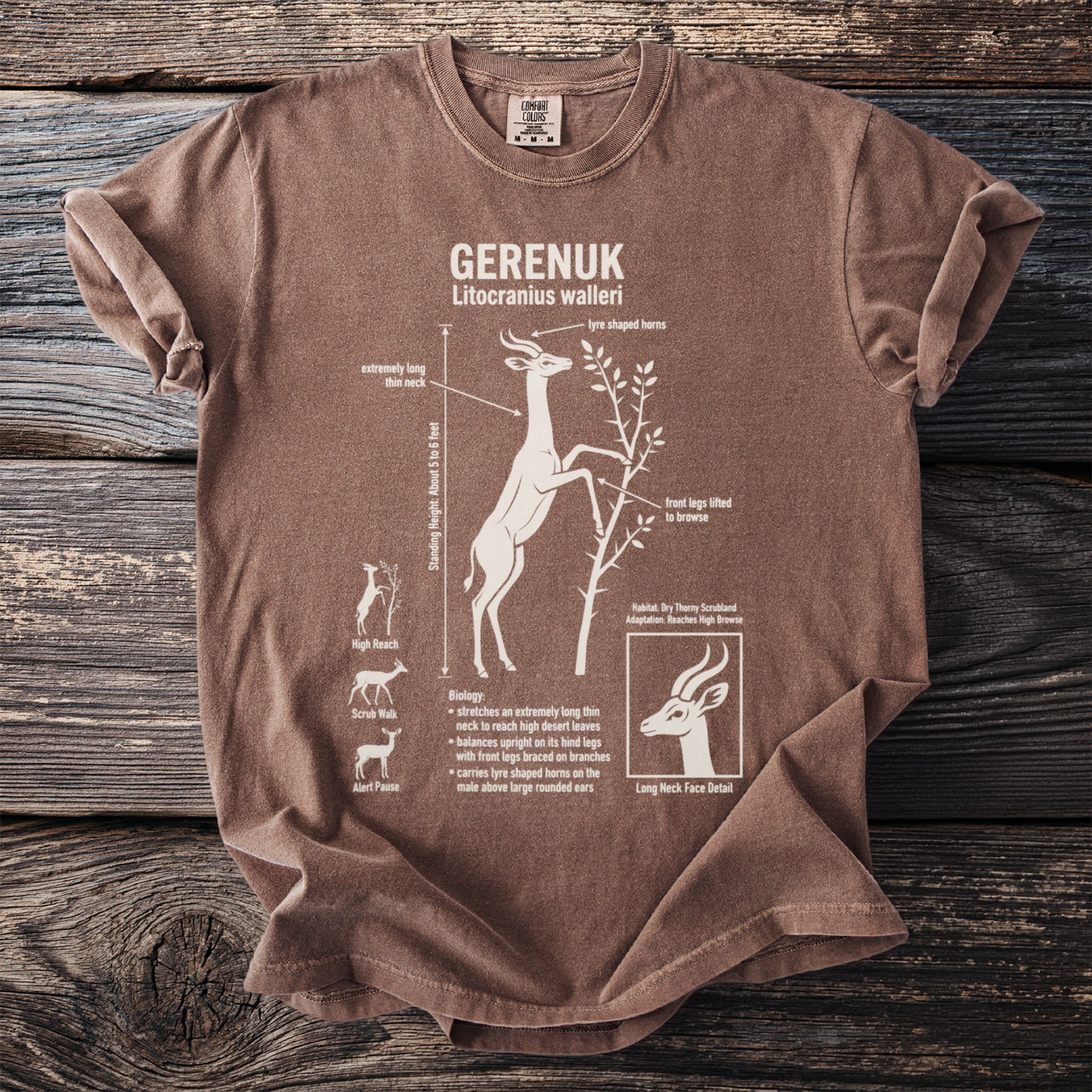 Brown t-shirt with Gerenuk antelope illustration and biological details.