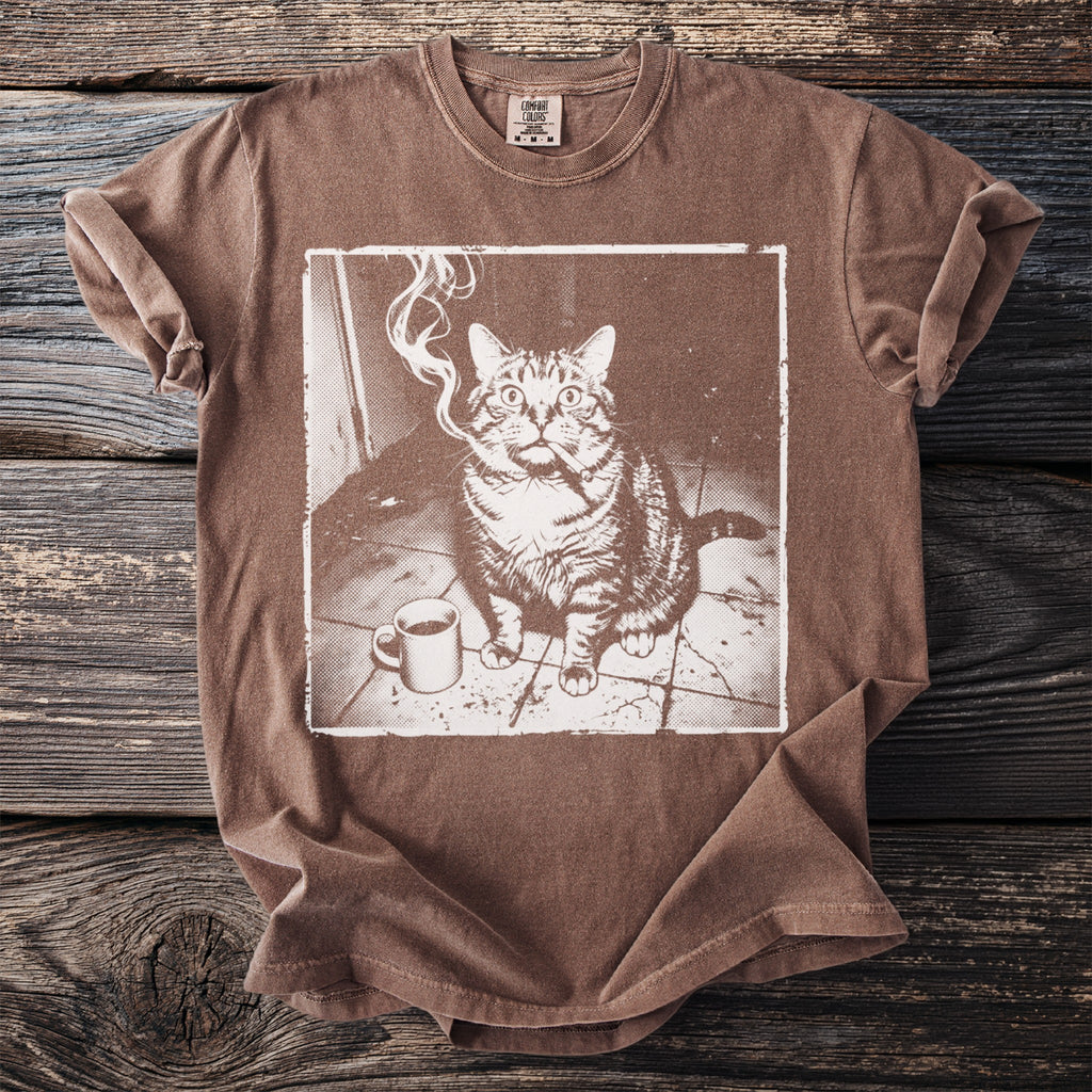 Brown t-shirt with a graphic of a tabby cat smoking and a coffee cup.