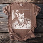 Brown t-shirt with a graphic of a tabby cat smoking and a coffee cup.
