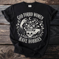 Black t-shirt with white text and graphic of skull overflowing with plants and hands.