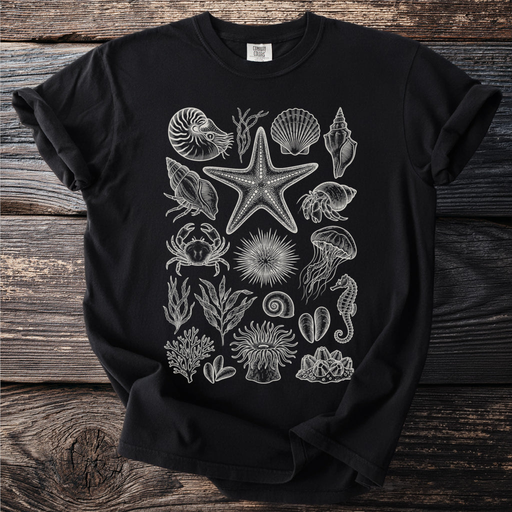 T-shirt with a black background and white line drawing of assorted sea creatures.