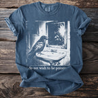 T-shirt with a raven in a sink looking in a cracked mirror and text.