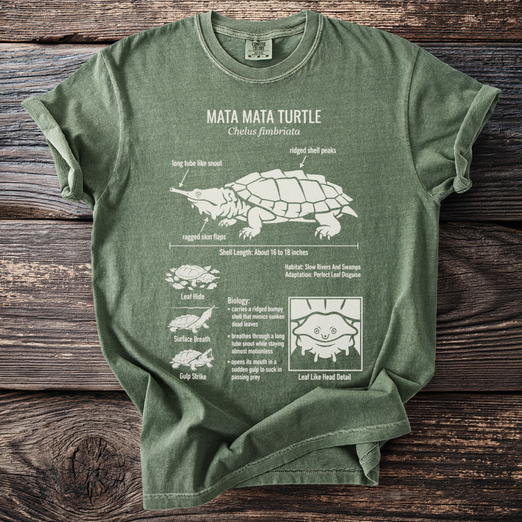 Mata Mata Turtle illustration with scientific name and biological facts on olive green t-shirt.