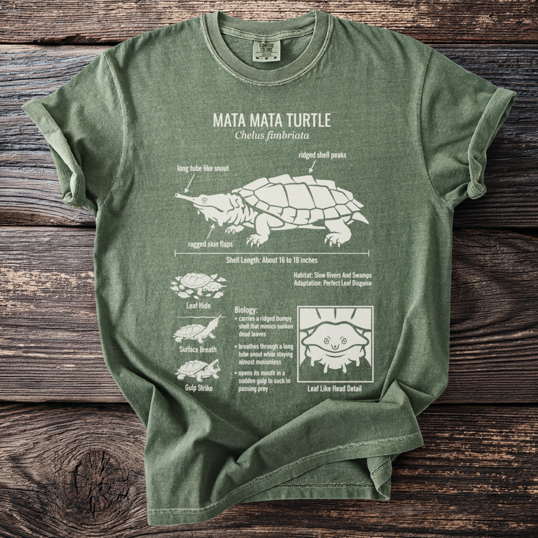 Mata Mata Turtle illustration with scientific name and biological facts on olive green t-shirt.