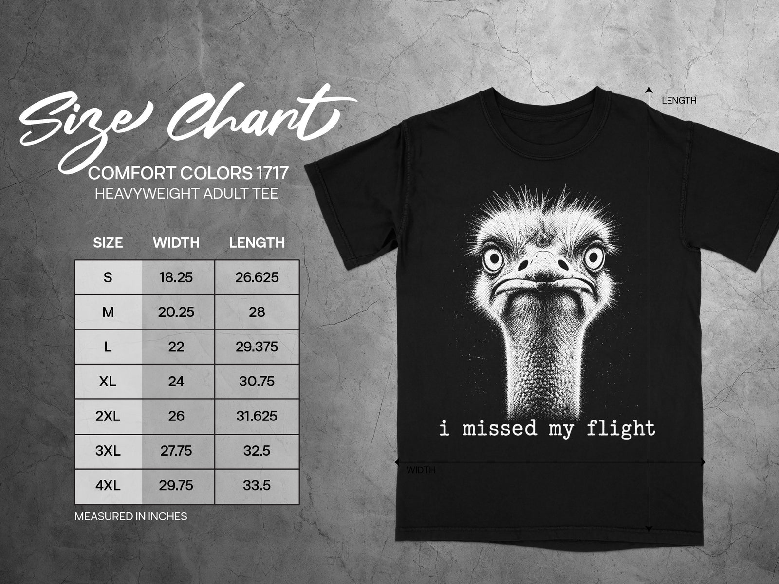 Size chart for black Comfort Colors 1717 heavyweight tee with ostrich graphic.