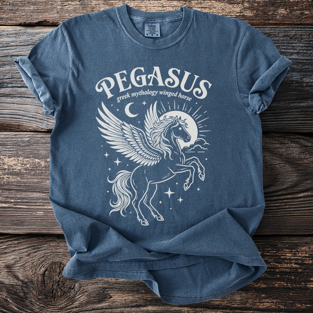 Blue t-shirt with white Pegasus graphic and "Pegasus Greek mythology winged horse" text.