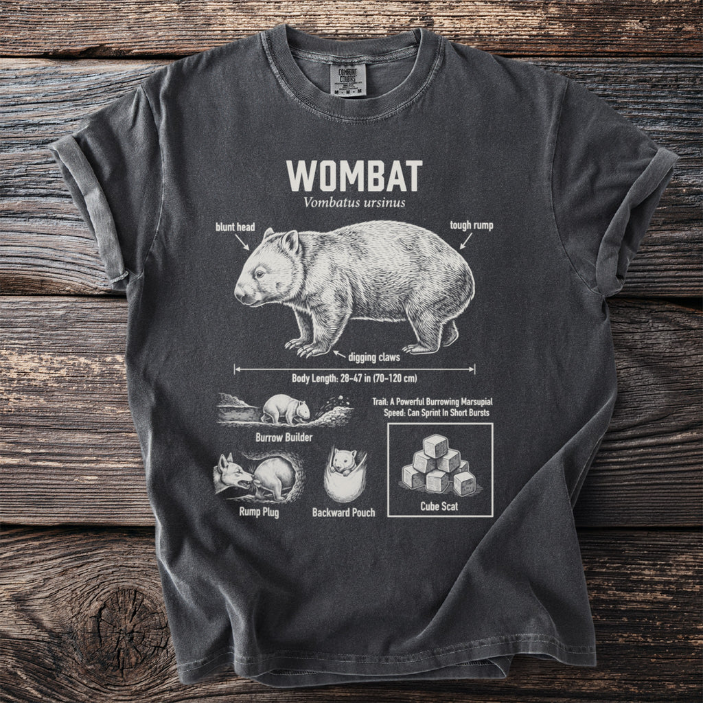 T-shirt with scientific illustration of a wombat, its features, and behaviors.