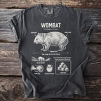 T-shirt with scientific illustration of a wombat, its features, and behaviors.