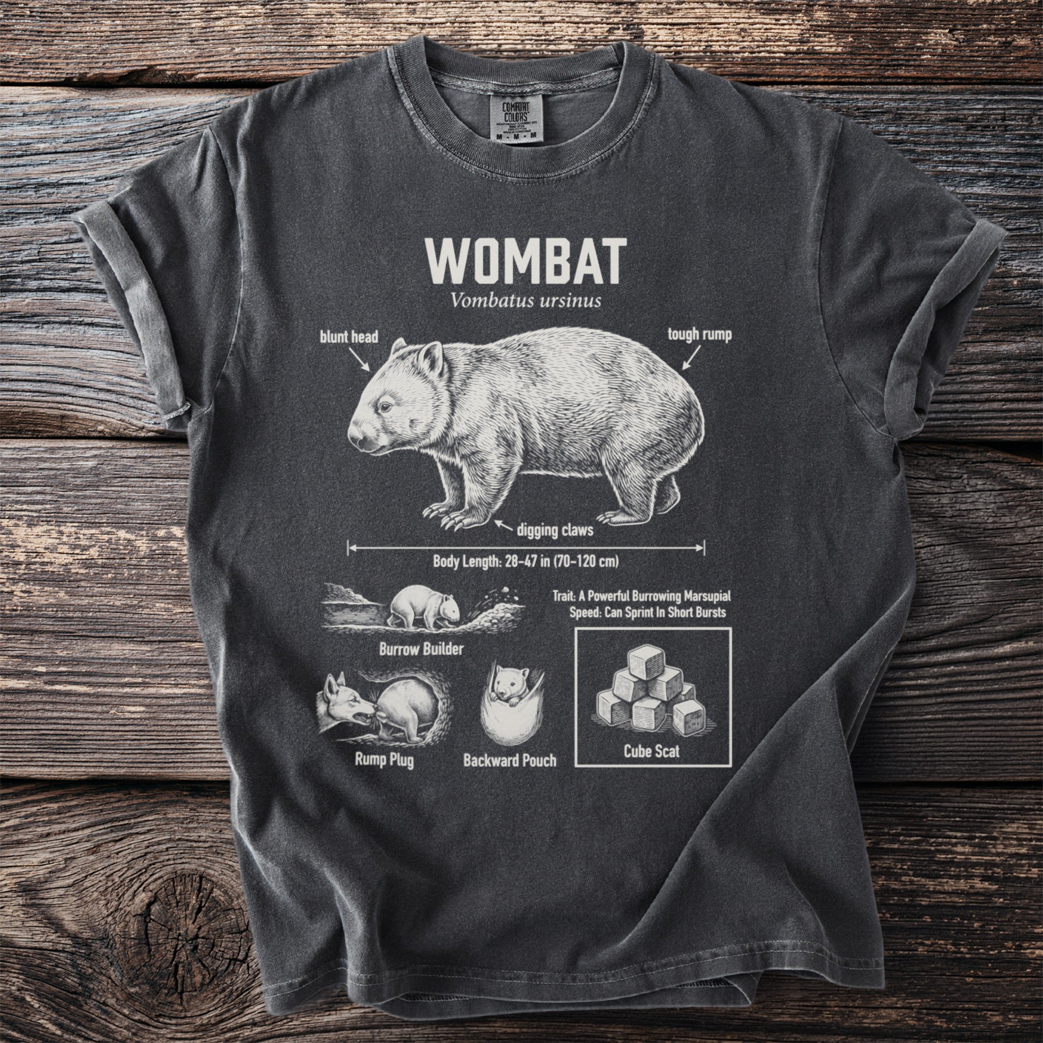 T-shirt with scientific illustration of a wombat, its features, and behaviors.