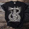 Black t-shirt featuring a graphic of a lighthouse wrapped by tentacles.