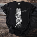 Black t-shirt with a white graphic of an octopus tentacle wrapped around a wooden post.