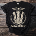 Black t-shirt with an eagle, birch trees with runes, fox, and text "Paths Of Birc".