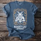 Blue t-shirt with Krampus illustration and text "Naughty List Approved."
