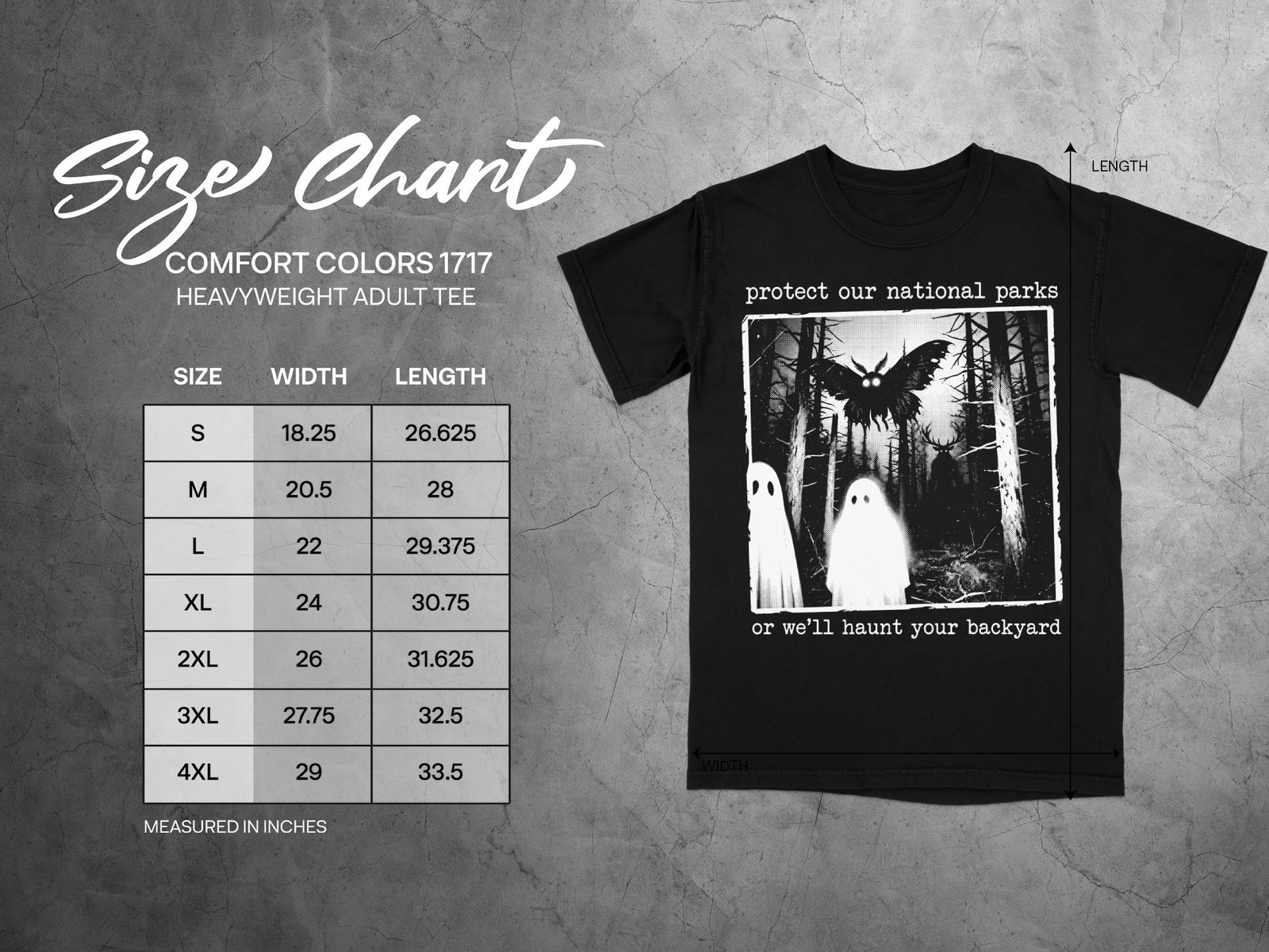 Comfort Colors 1717 garment size chart in inches.