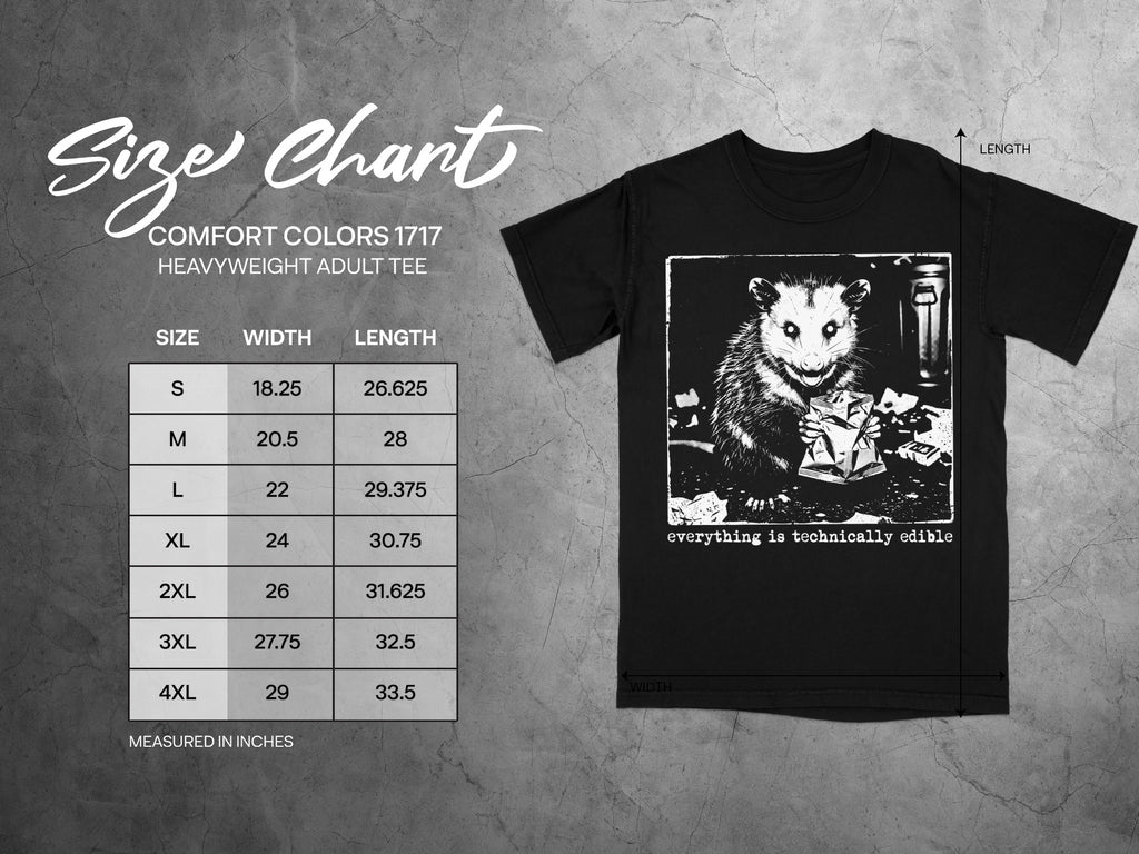 Comfort Colors 1717 heavyweight adult tee size chart with opossum graphic.
