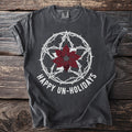 Dark gray t-shirt with white pentagram, poinsettia, and text "HAPPY UN-HOLIDAYS".