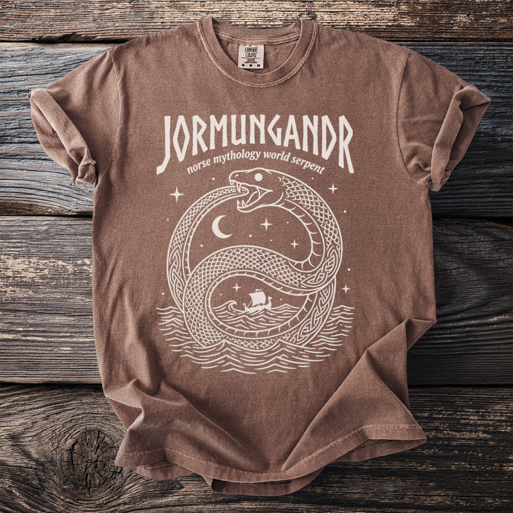 Brown t-shirt with white Jormungandr Norse mythology world serpent graphic.