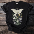 Black t-shirt with a white luna moth and floral botanical illustration.