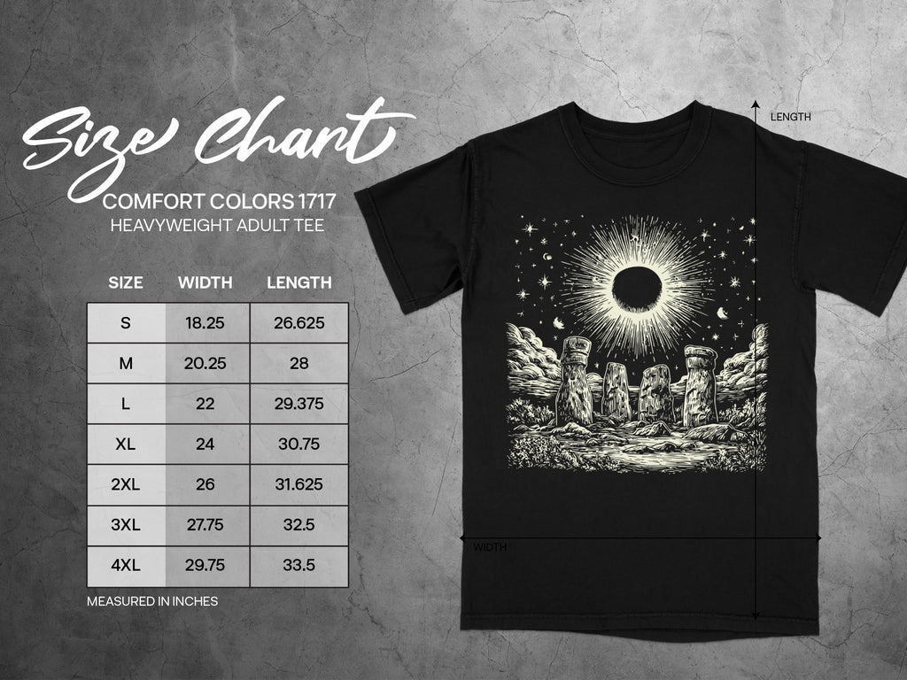 Comfort Colors 1717 heavyweight adult tee size chart with width and length measurements in inches.