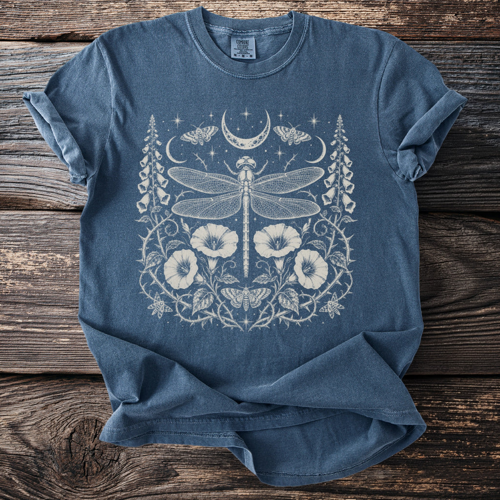 Blue t-shirt with cream lunar dragonfly and floral graphic print.