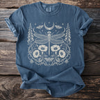 Blue t-shirt with cream lunar dragonfly and floral graphic print.