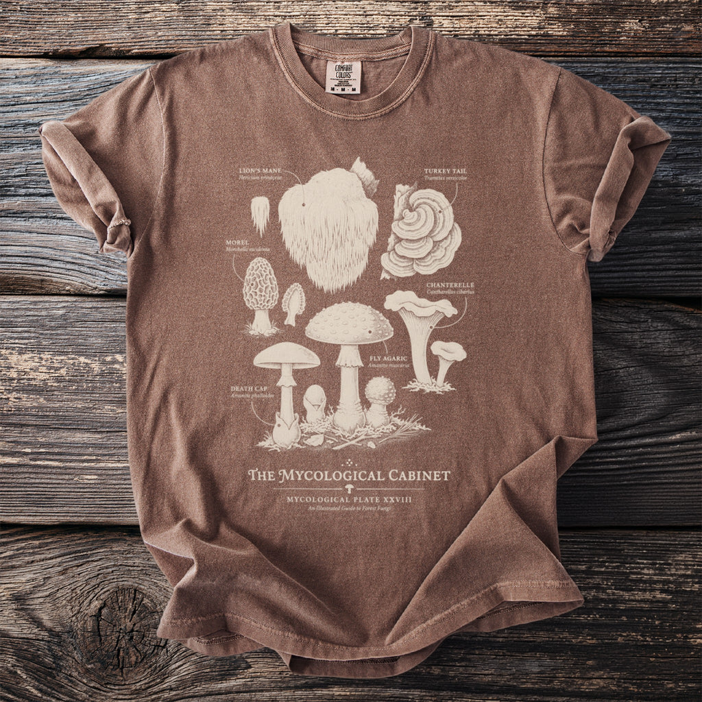 Brown t-shirt with "The Mycological Cabinet" and illustrations of various mushrooms.