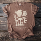 Brown t-shirt with "The Mycological Cabinet" and illustrations of various mushrooms.