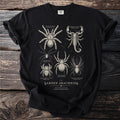 Black t-shirt with vintage illustrations of a tarantula, scorpion, and five spiders.