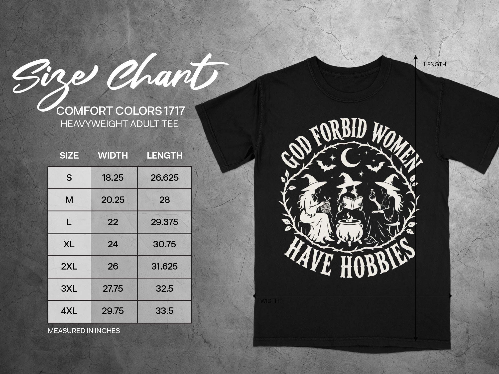 Comfort Colors 1717 heavyweight adult tee size chart with width and length measurements.