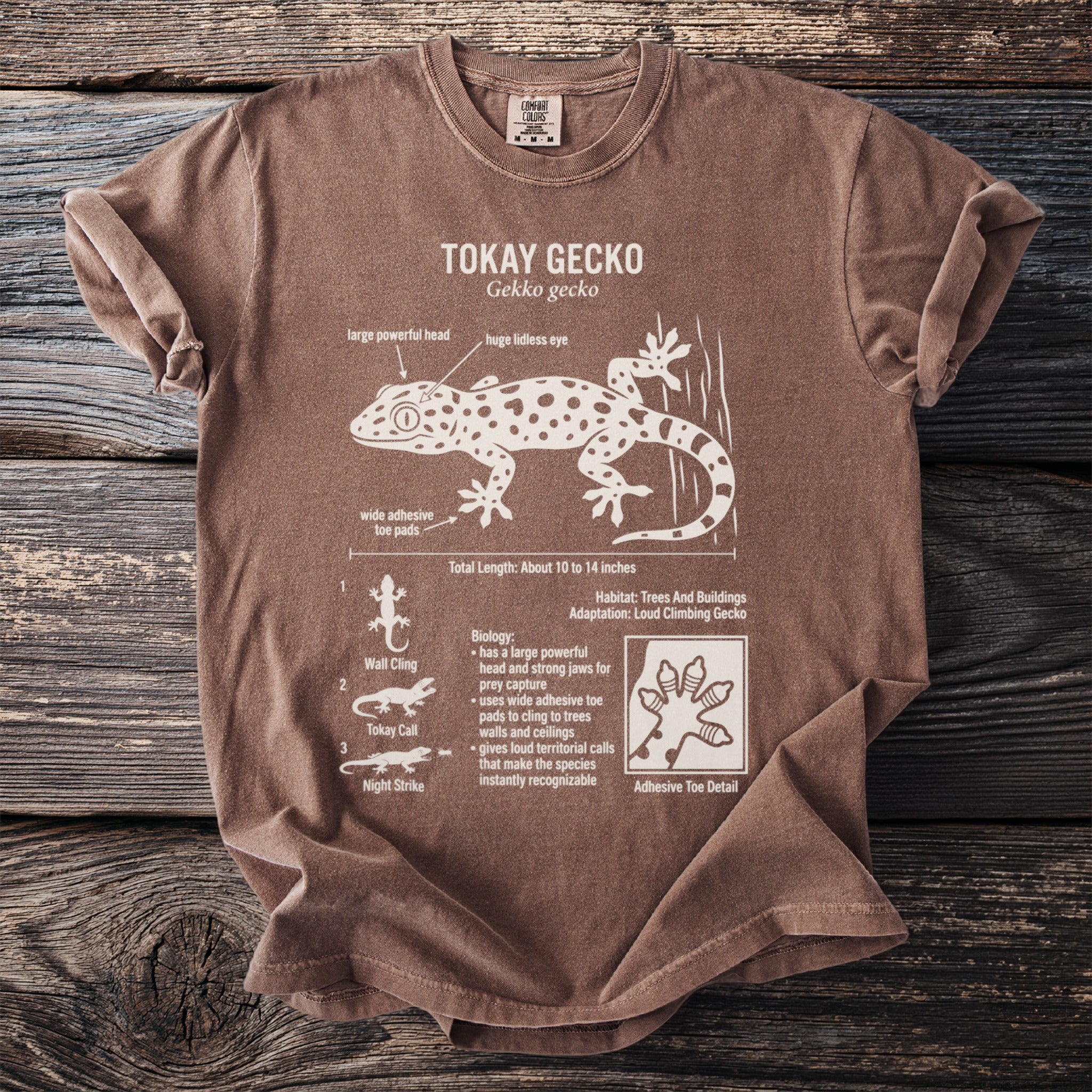 Brown t-shirt with Tokay Gecko diagram detailing head, eyes, toe pads, and biology.