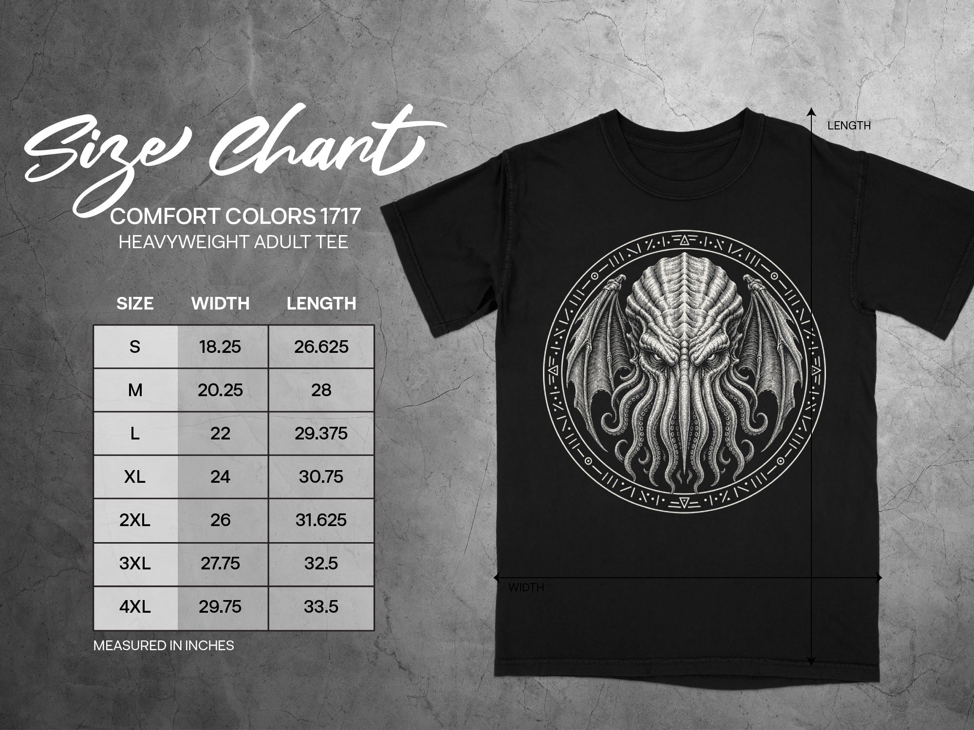 Comfort Colors 1717 heavyweight adult tee size chart with width and length measurements.