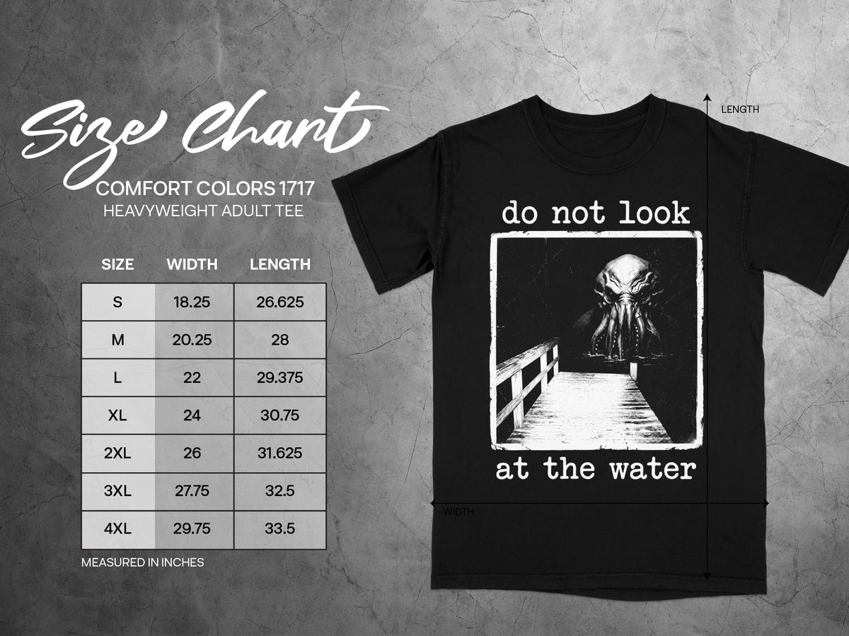 Black t-shirt with "do not look at the water" graphic and size chart.